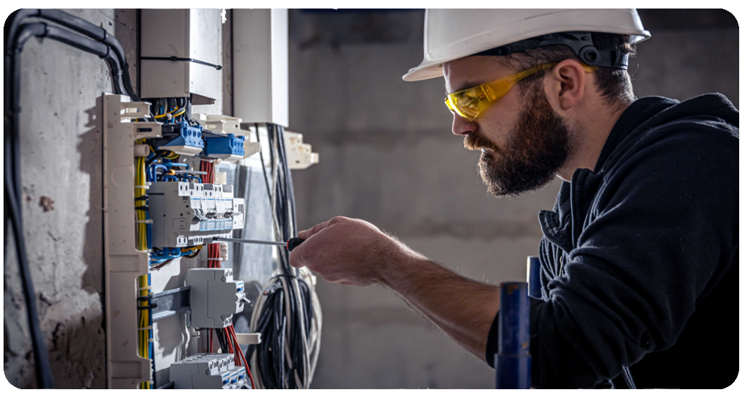 Electrician in Sarasota from Anchor Electric repairing an open electrical panel with a screwdriver.