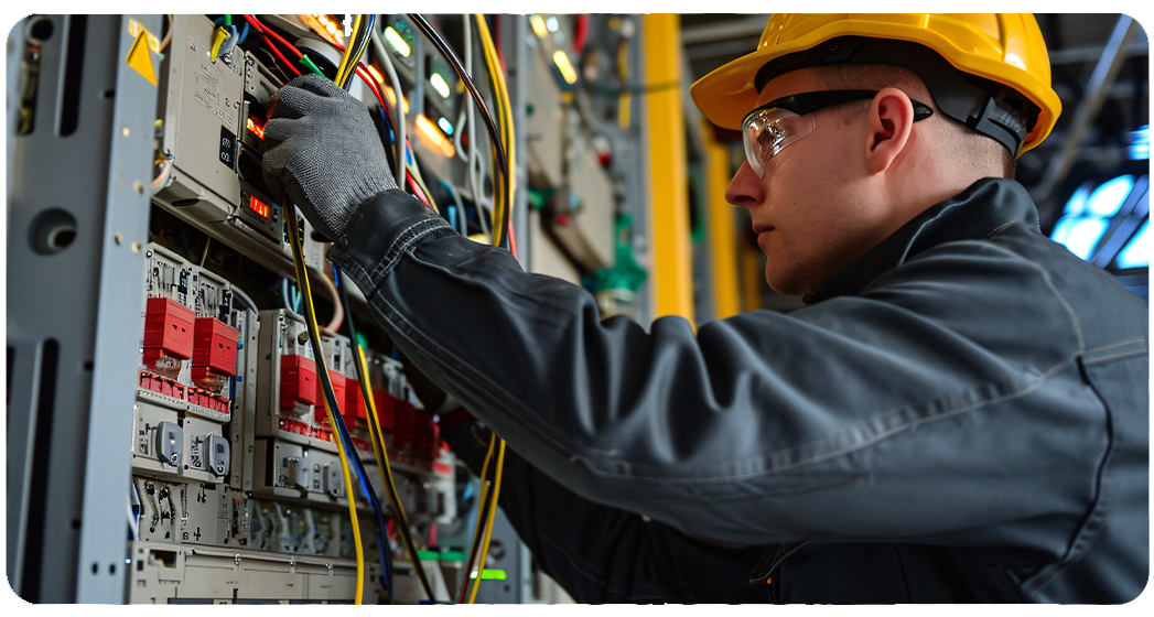 Industrial electrician servicing an electrical panel for an Anchor Electric project in Sarasota Florida.