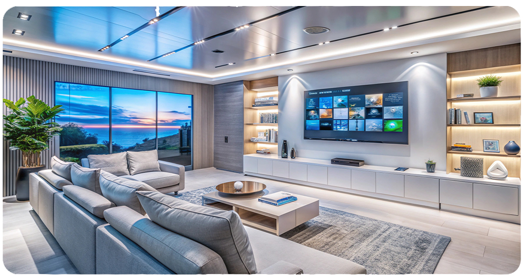 Modern residential media room custom lighting and audio video installation by Anchor Electric Sarasota Florida.