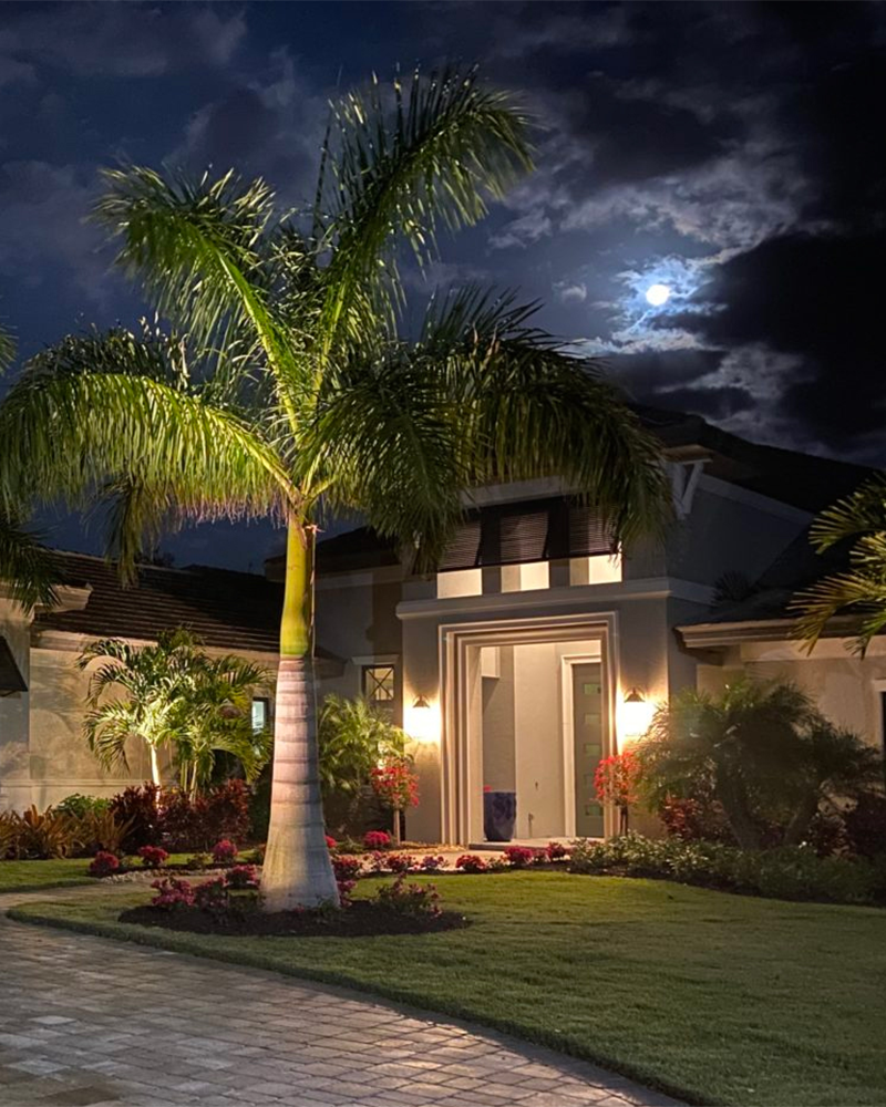 Professional landscape lighting installation for a luxury home by Anchor Electric in Sarasota, Florida