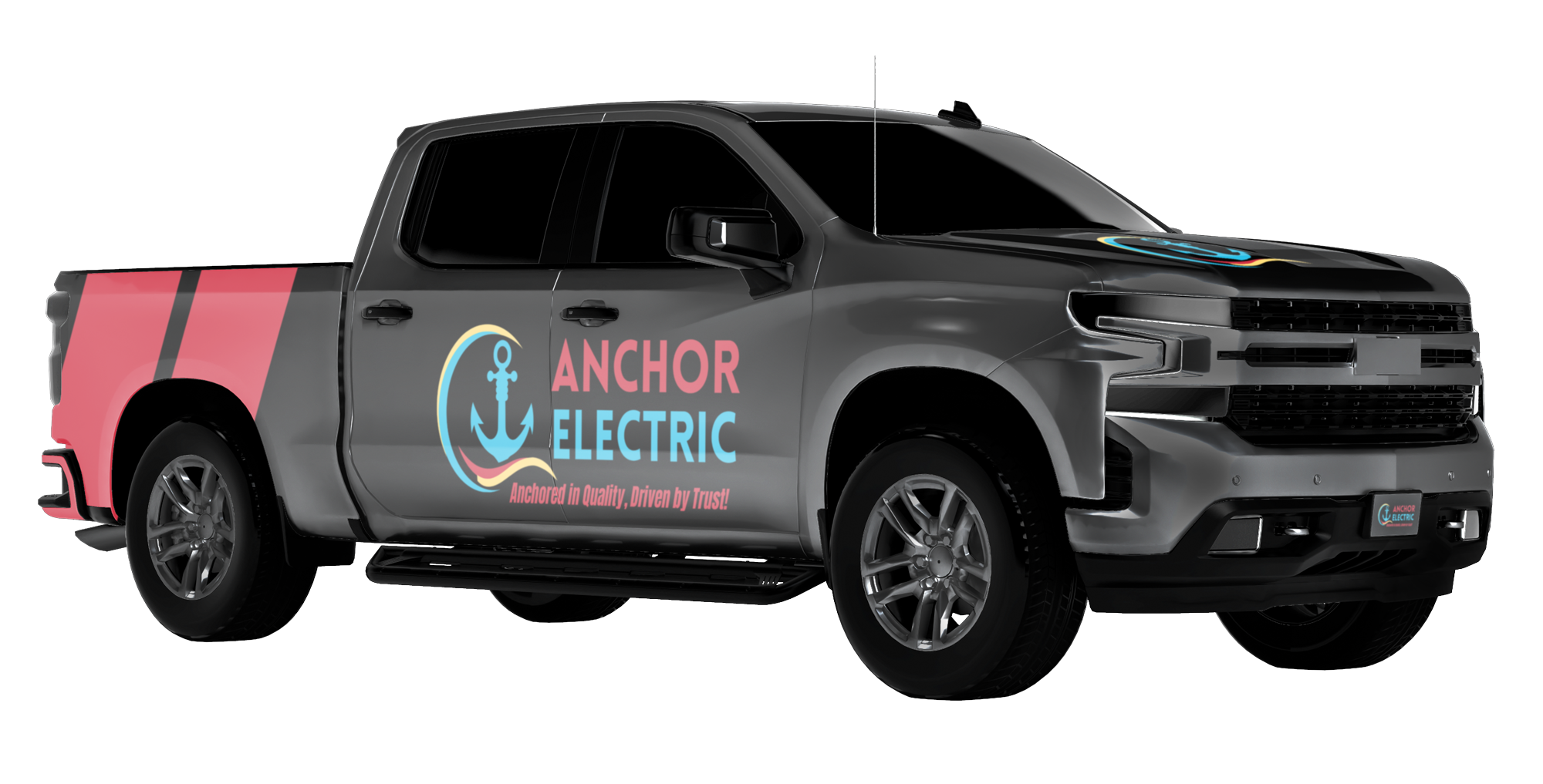 Anchor Electric branded commercial service truck wrap parked for electrical work in Sarasota.