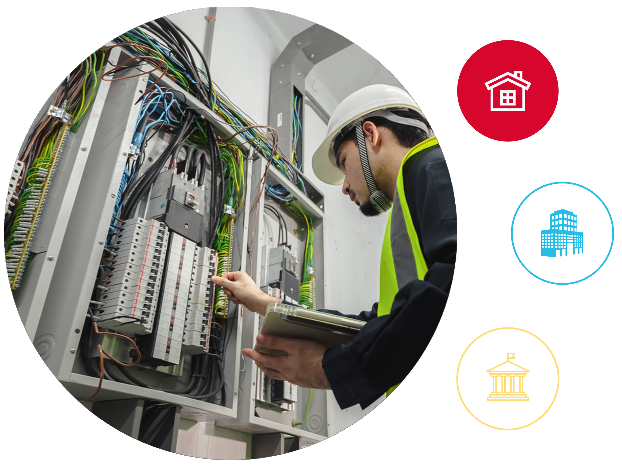 Licensed commercial electrician from Anchor Electric inspecting a complex commercial electrical panel in Sarasota, Florida.
